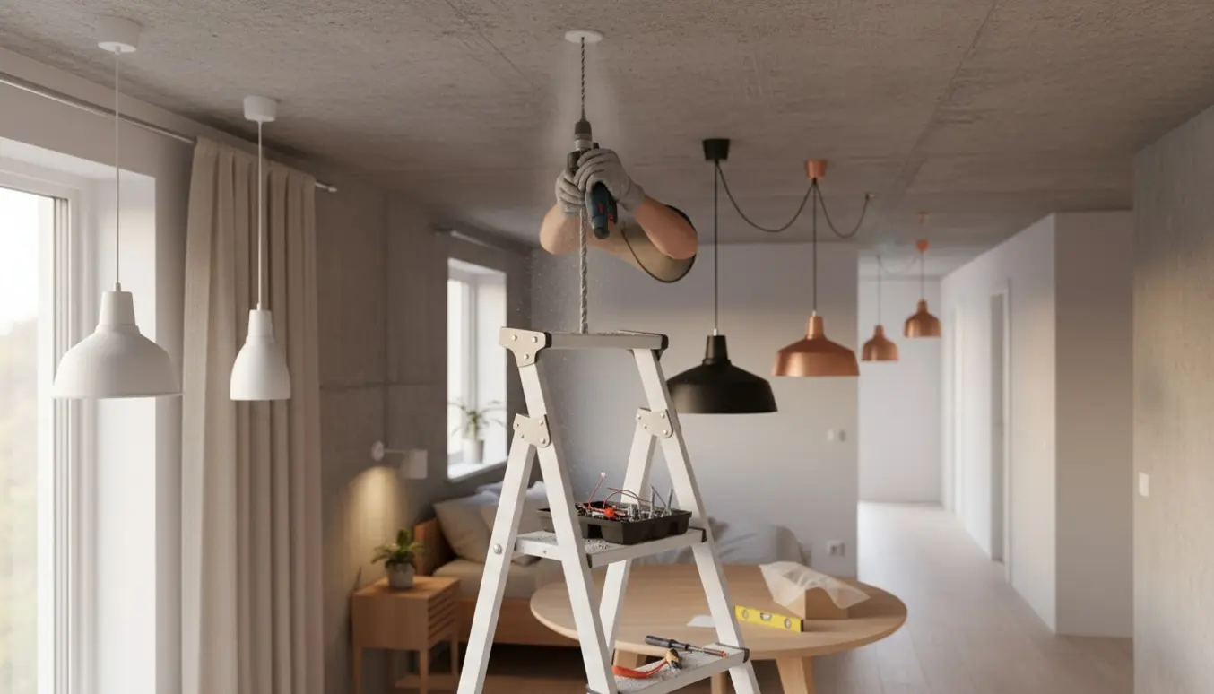 Hænder monterer lamper og opsætter gardin i lejlighed med boremaskine og værktøj.