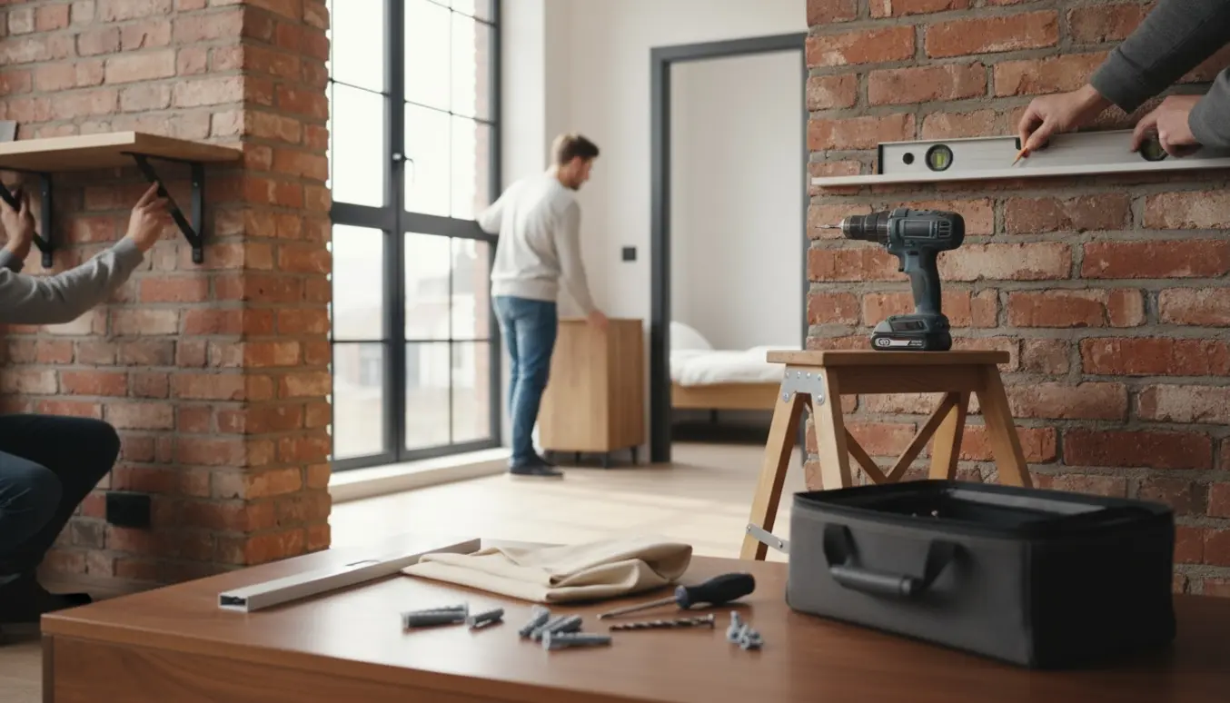 Håndværker monterer en hvid gardinskinne og hænger hylder op på en murstensvæg med værktøj i forgrunden.