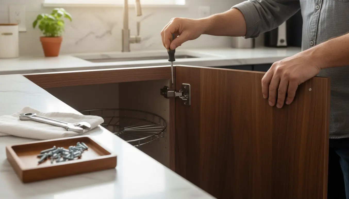 Hænder justerer en skæv hjørnekarrusel køkkenskabslåge med skruetrækker og løse skruer.