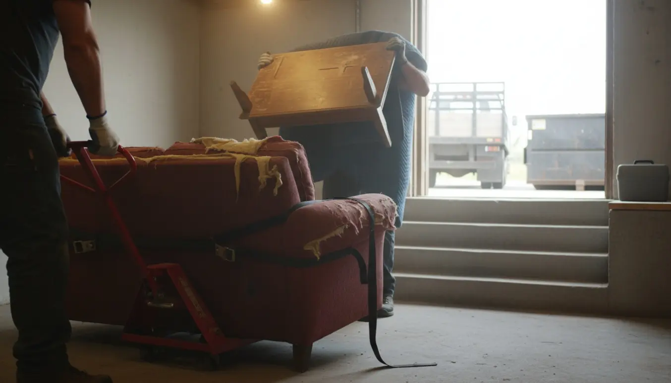 To personer bærer slidt møbel op ad kældertrappe mod åben dør, ansigter ikke synlige.