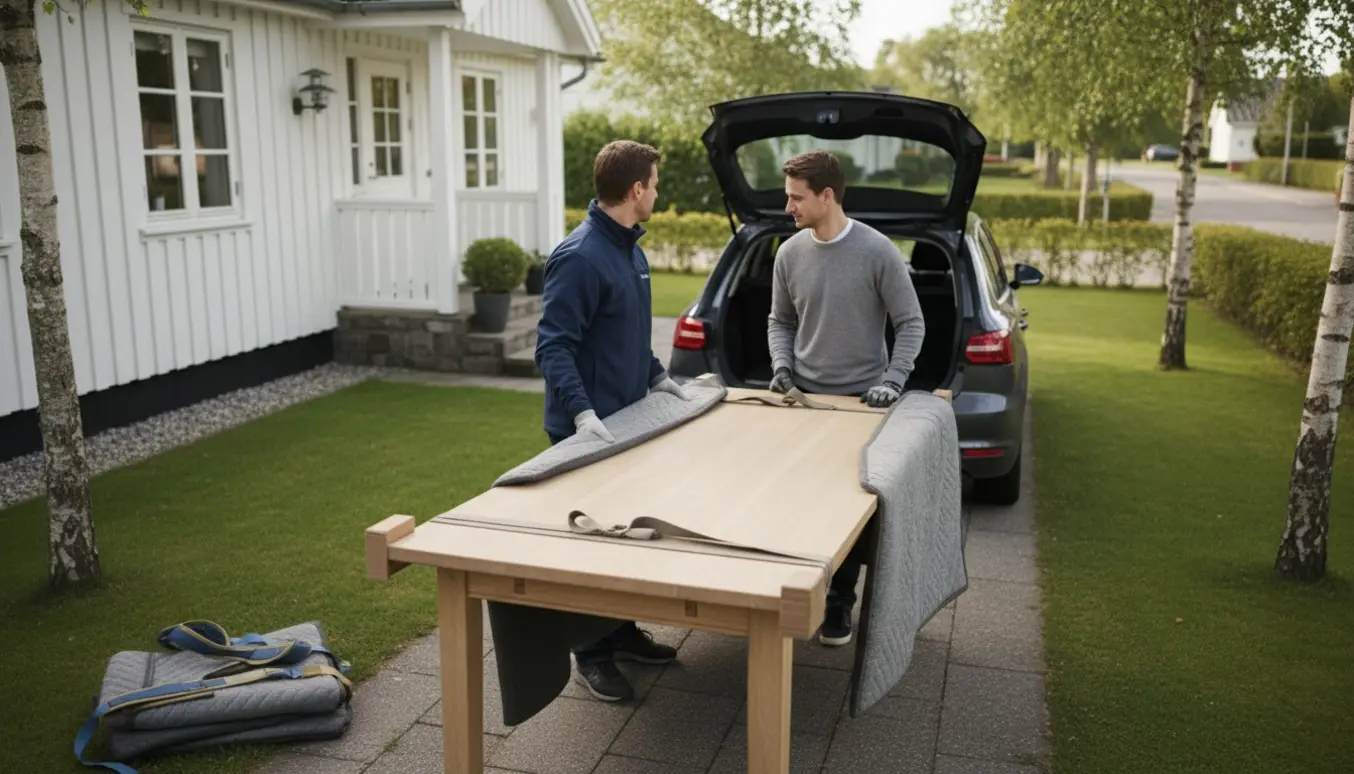 To personer bærer et træspisebord fra et parcelhus og ind i en åben bil på indkørslen.