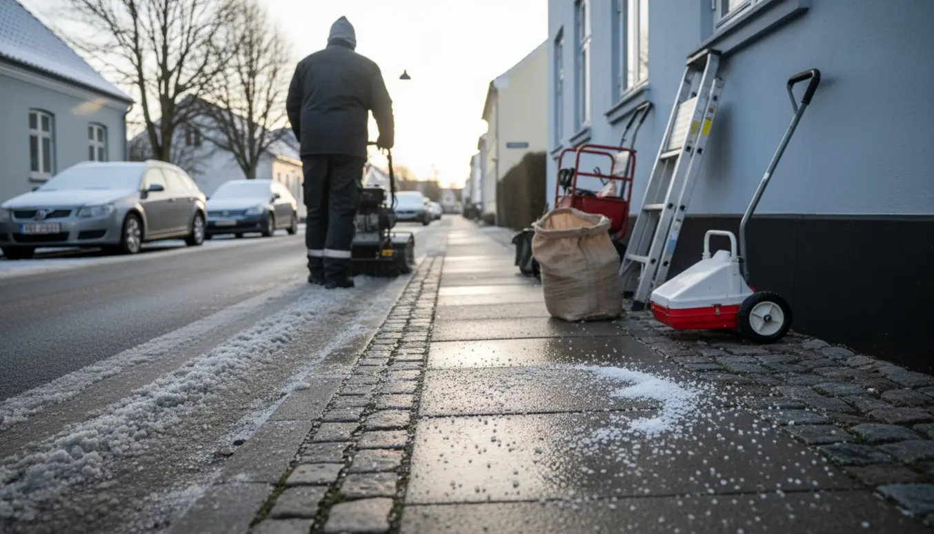 Person rydder sne fra et fortov med fejemaskine og spreder salt ved rækkehuse i Nykøbing Mors.