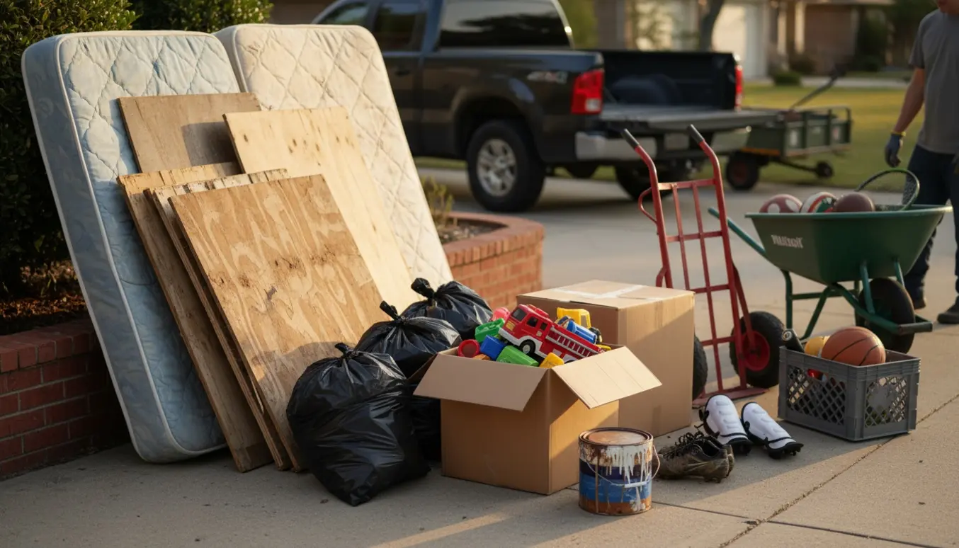 Blandet affald på en indkørsel med madrasser, træplanker, flyttekasser med legetøj, en kasse med gammel maling og sække klar til afhentning.