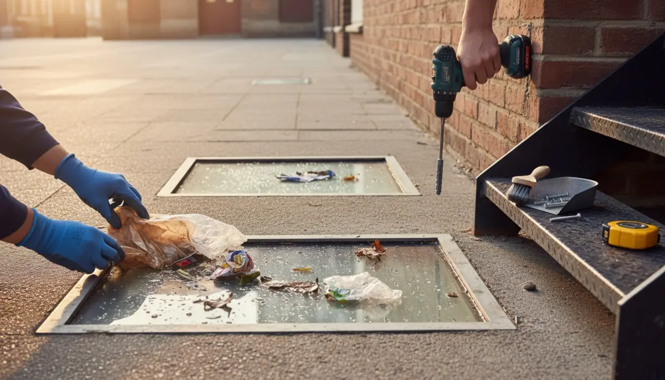 En arbejdshandskeklædt person renser tre lyskasser for papir og plast, mens en løs metaltrappe fastgøres med boremaskine, rawlplugs og skruer.
