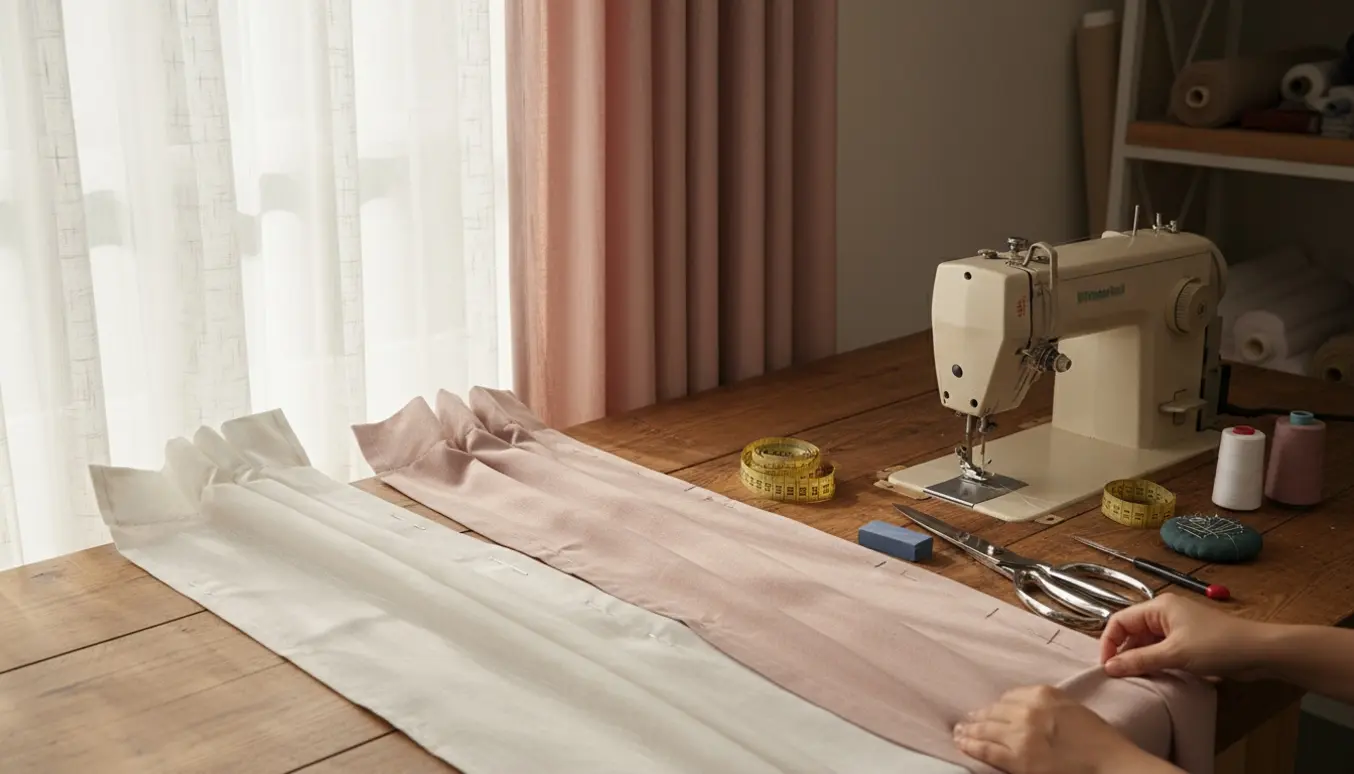 Hænder måler og syr undergardiner og sidegardiner ved en symaskine i et lyst værksted.