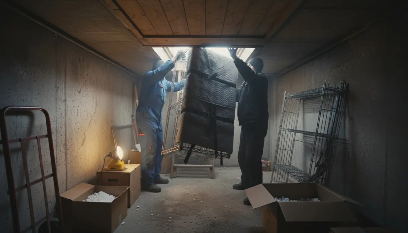 Åben kælder med smal stige, to reoler tages op af hænder i arbejdshandsker.