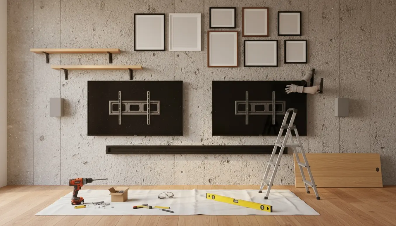 Installation af to vægmonterede TV, to højtalere, en billedvæg og hylder på en betonvæg med værktøj i forgrunden.