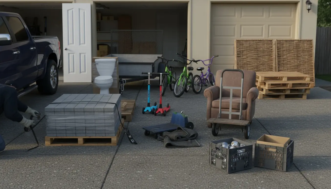 Indkørsel med sorteret genbrugsgods — dør, toilet, bunker betonfliser, scootere, cykler og lænestol klar til afhentning.
