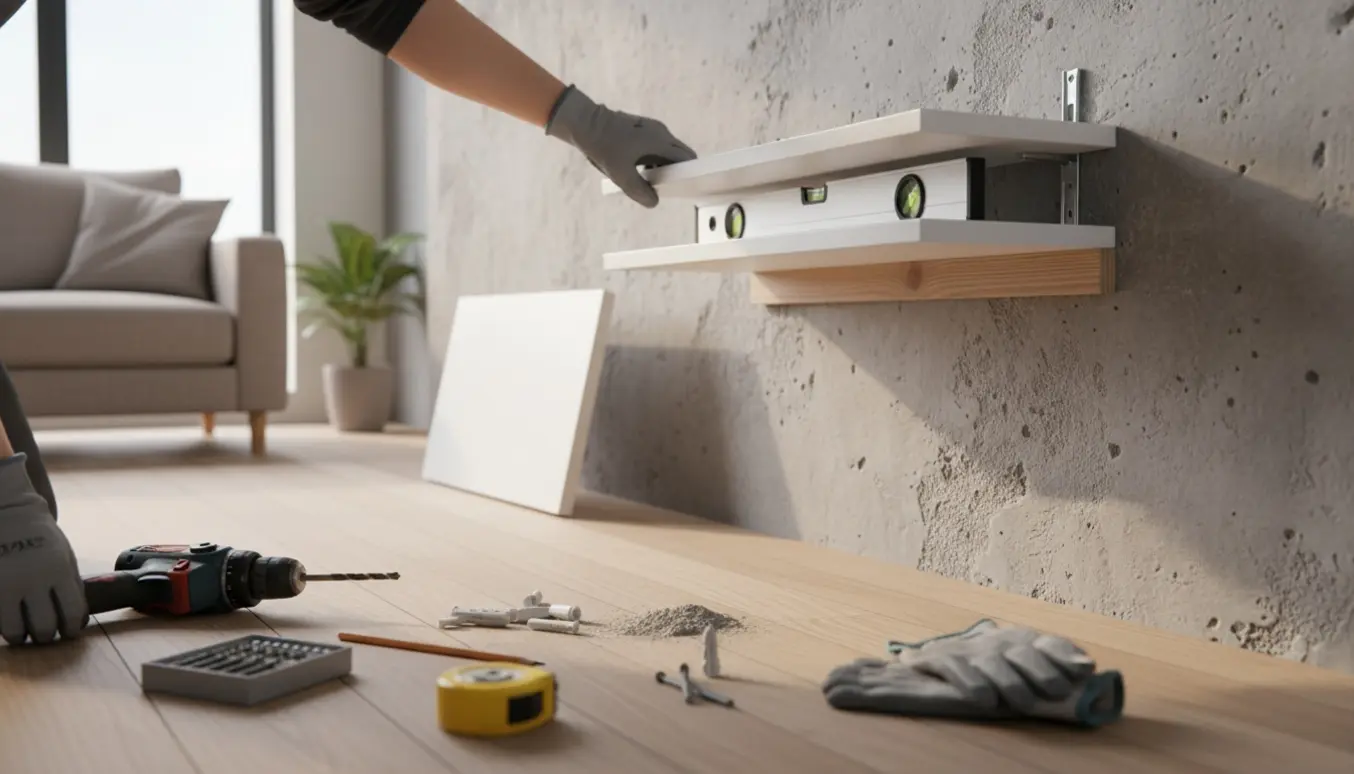 To hvide reoler klargjort til montering på en rå betonvæg med boremaskine, beslag og måleværktøj.