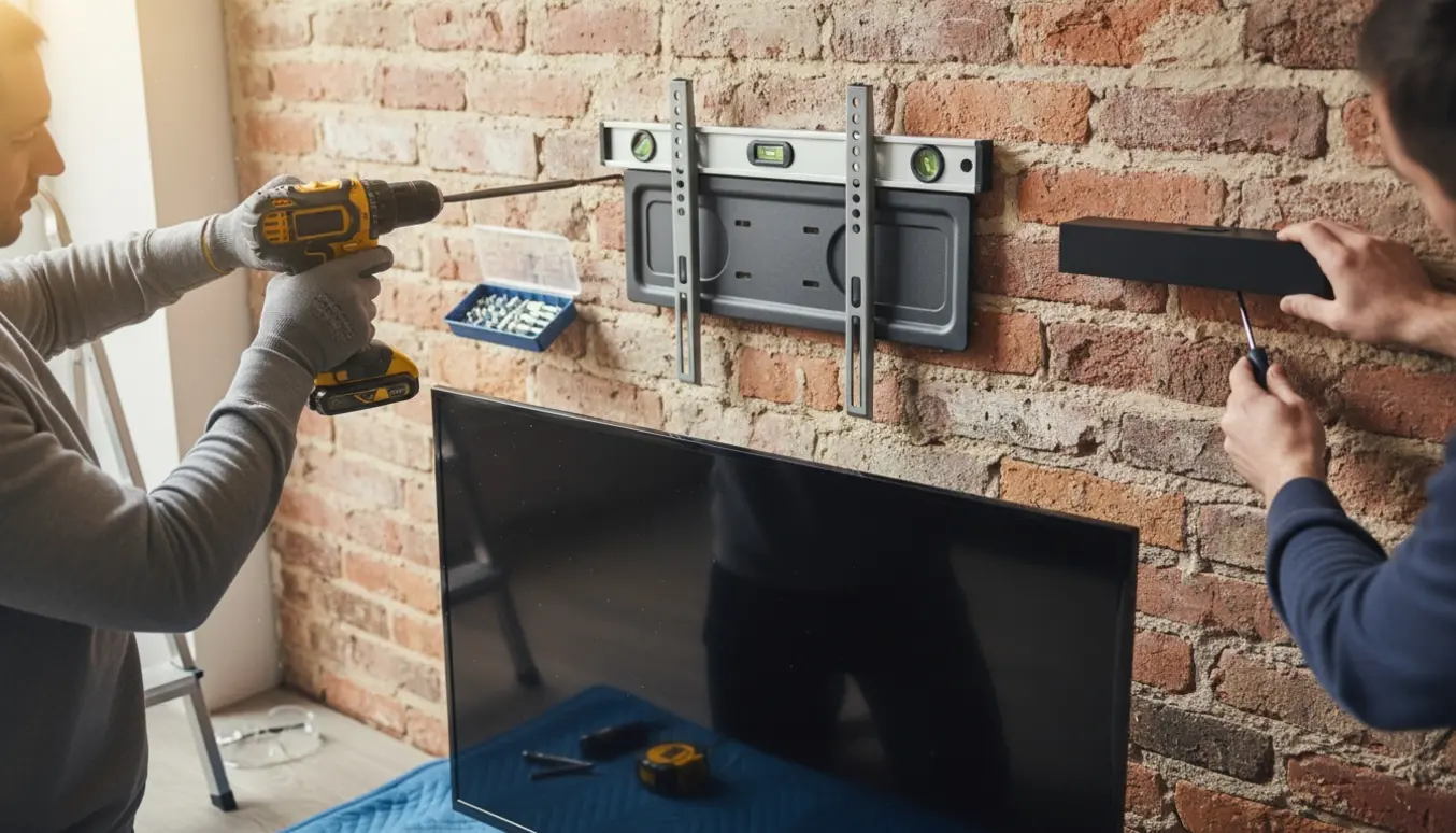 Hænder monterer fjernsynsbeslag og væglampe på en murstensvæg med boremaskine, skruer og plugs.