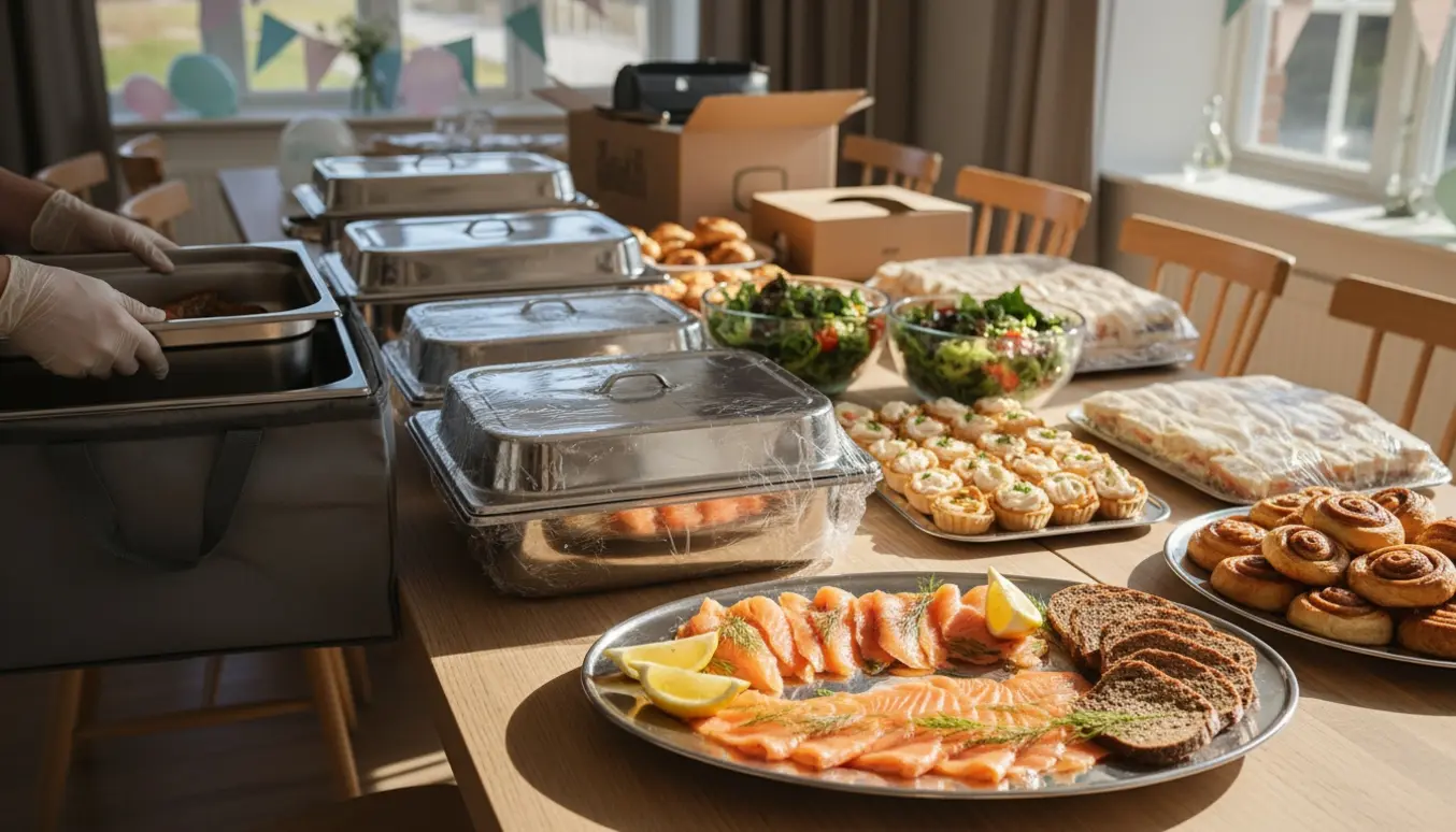 Leveret buffet til barnedåb med fade, smørrebrød og kager klar til opstilling.