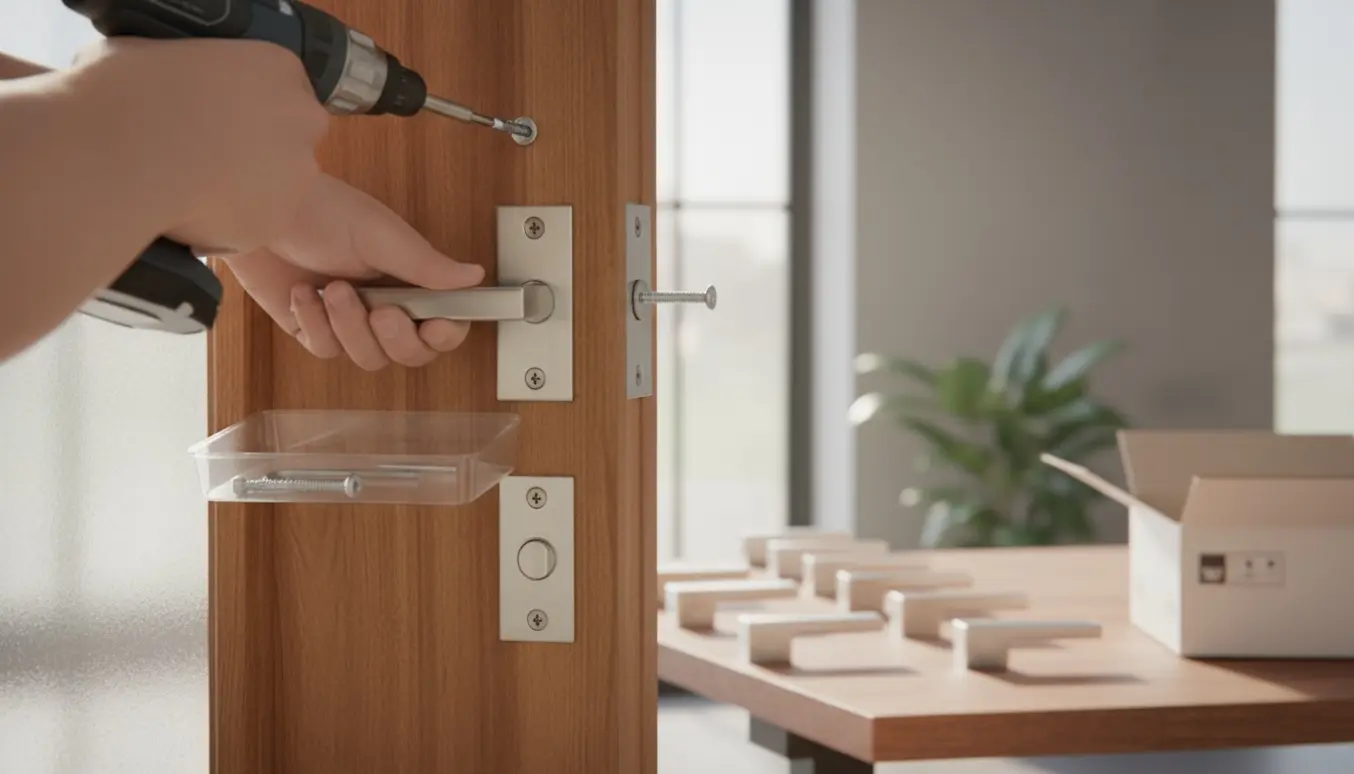 Nærbillede af hænder, der monterer et dørgreb med skruetrækker og nøglerist på en trædør i et lyst hjem.