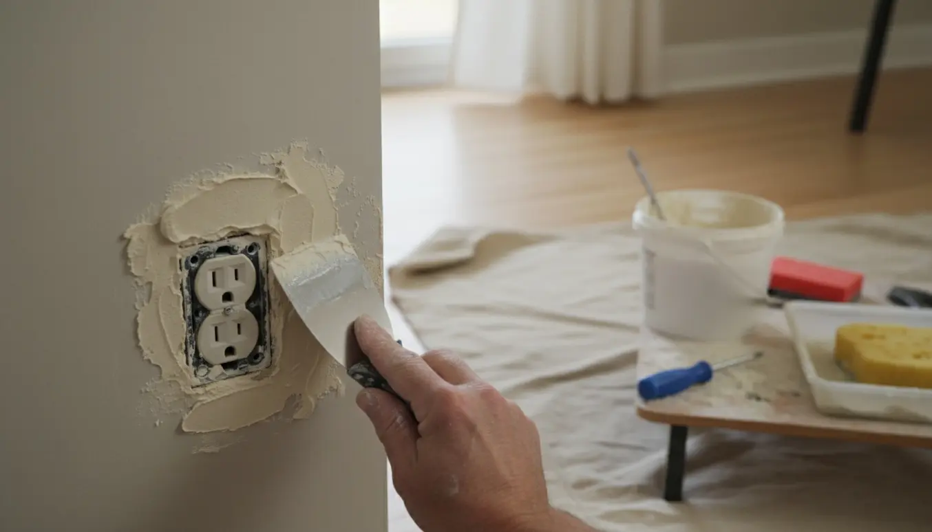 Hænder spartler frisk spartelmasse over et lille hul omkring en ny stikkontakt i en indendørs væg.