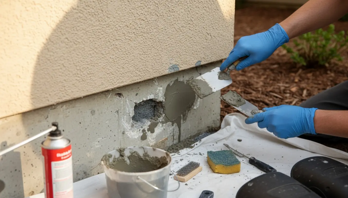 Nærbillede af professionel reparation af sokkelhuller med stålnet og mørtel ved husets ydermur.