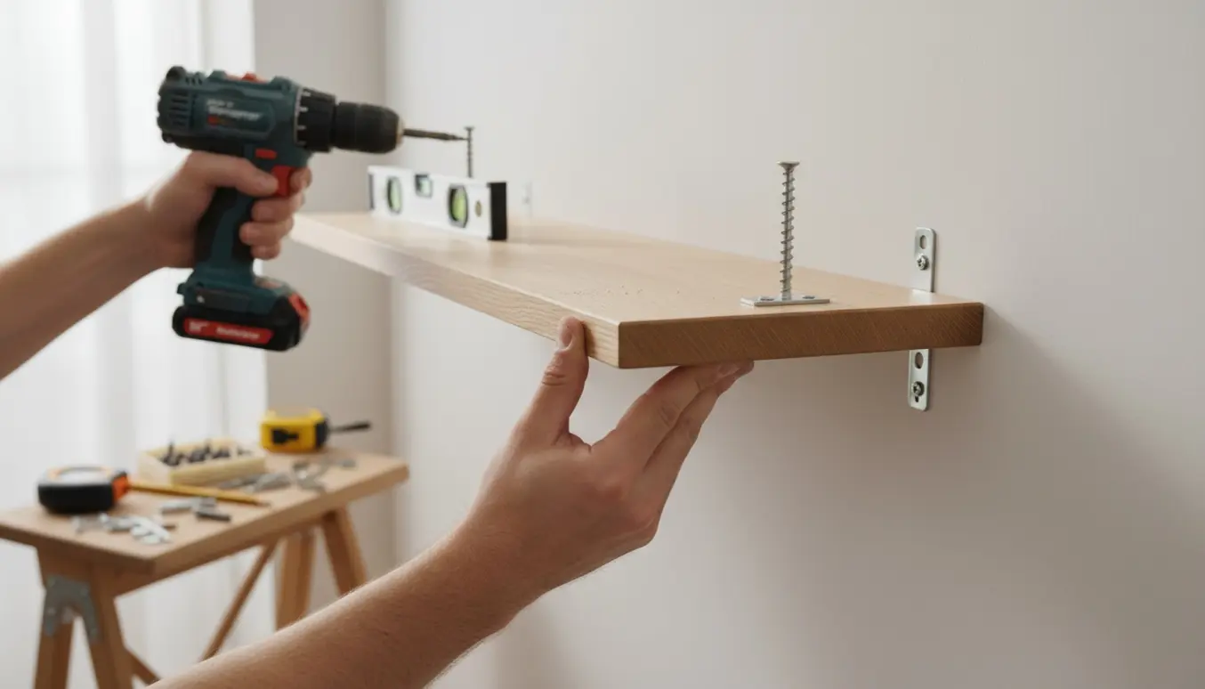 Hænder monterer en lys egetræs hylde på en hvid væg med boremaskine og vaterpas.