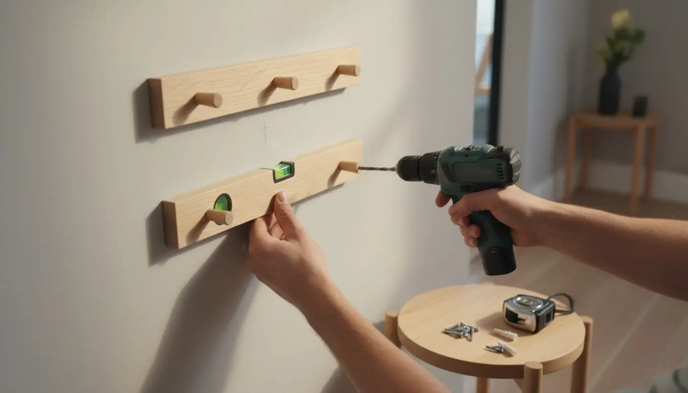 Hænder monterer to små knagerækker på en lys væg med en boremaskine og vatterpas.