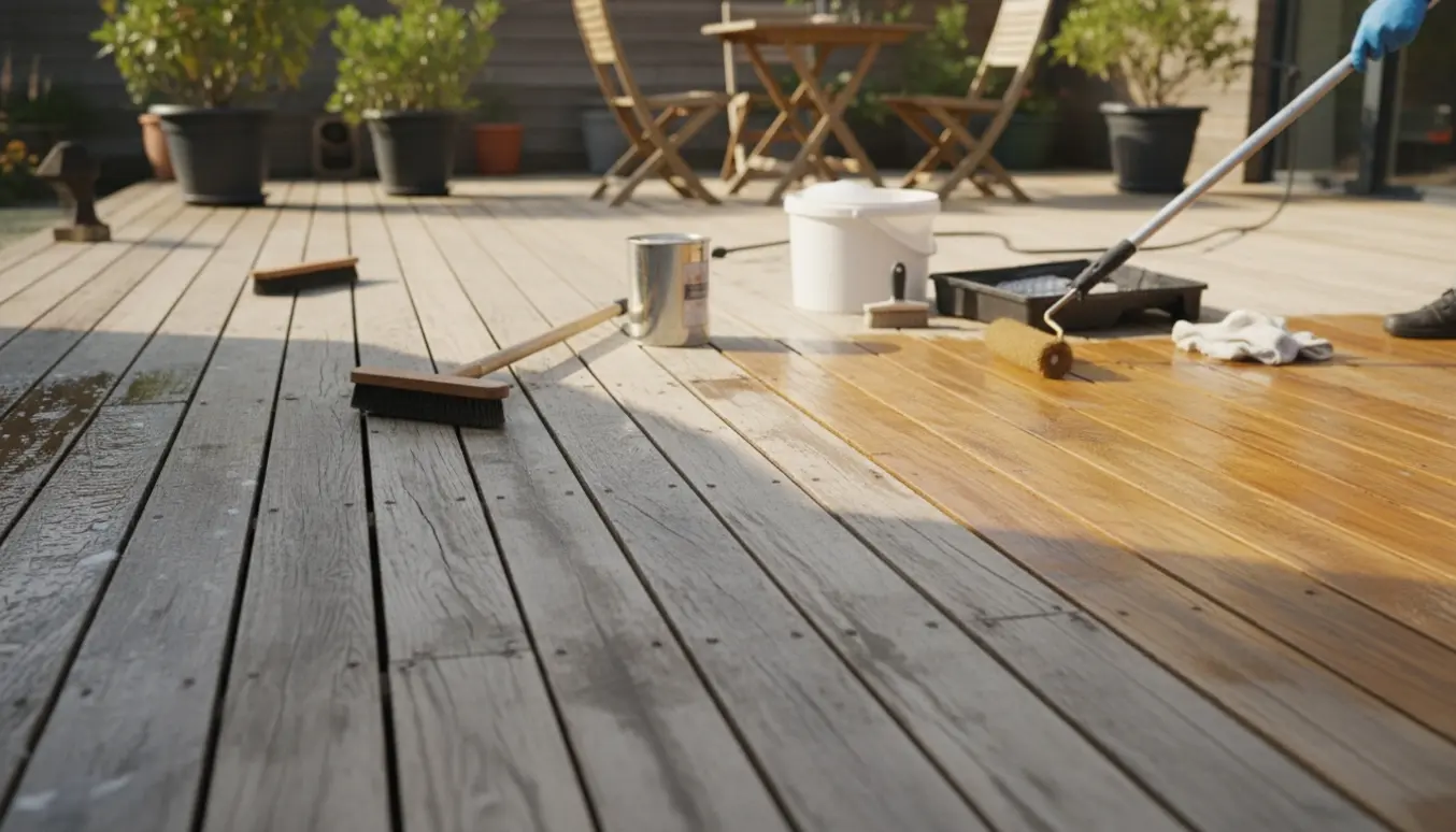 Stor træterrasse renses og får påført træbeskyttelse med rulle og børste.