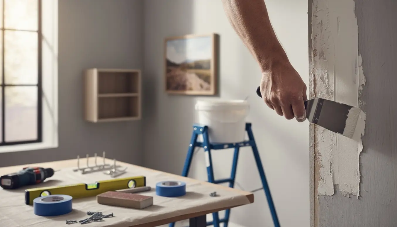 Håndværker spartler en blændet dør med værktøj, hylde, knager og billede klar til ophængning.