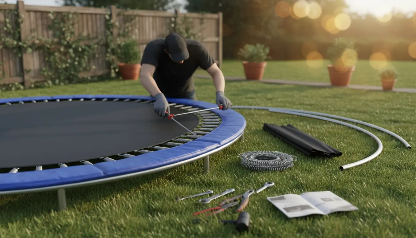 En halvt samlet trampolin i en baghave med værktøj og hænder, der fæstner fjedre.