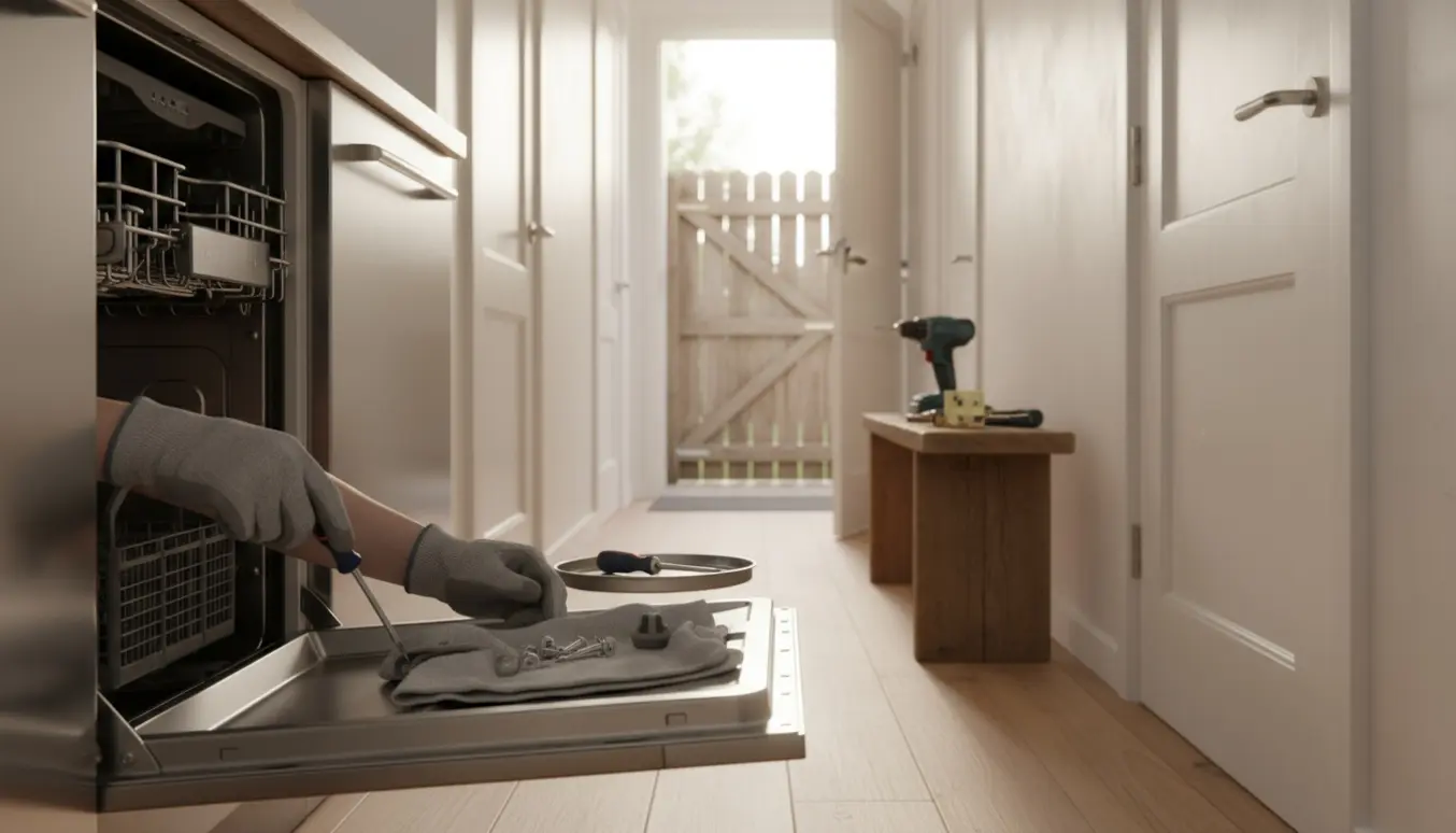 Håndværker arbejder på åben indbygget opvaskemaskine, strammer et løst dørhåndtag og ser en skæv havelåge med værktøj i baggrunden.
