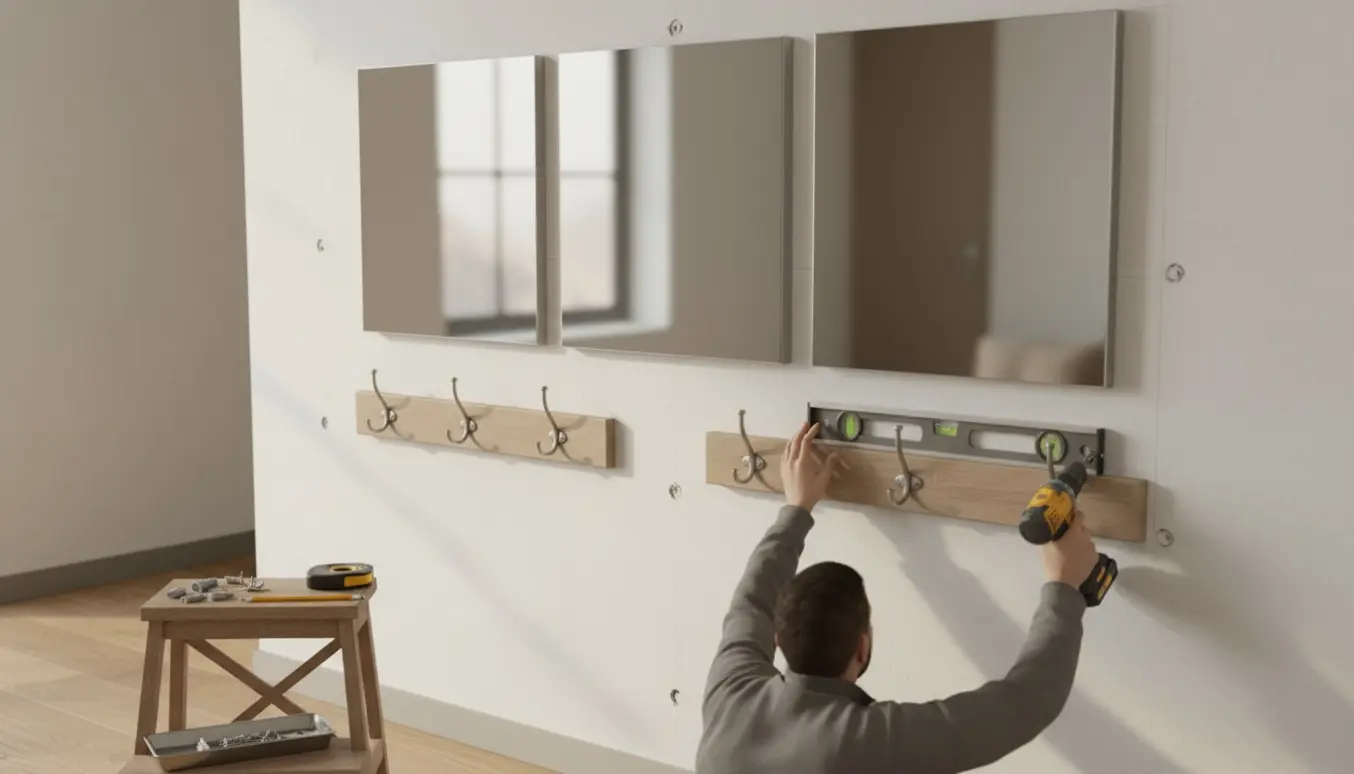 Tre spejle og to knagerækker monteres på en hvid gipsvæg, værktøj og hænder i arbejde.