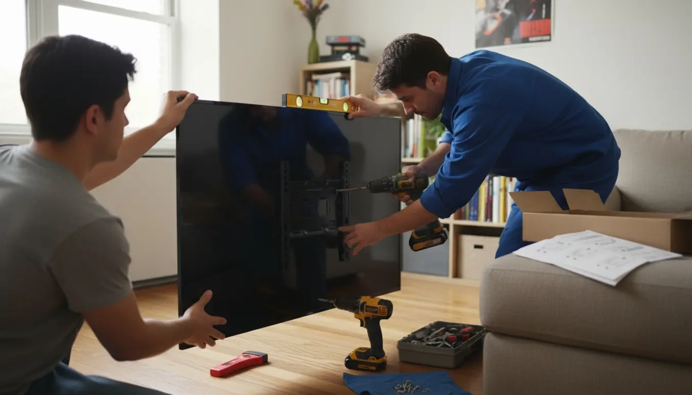 To personer monterer et fladskærms-TV på en væg i en lys studielejlighed med værktøj og beslag synligt.