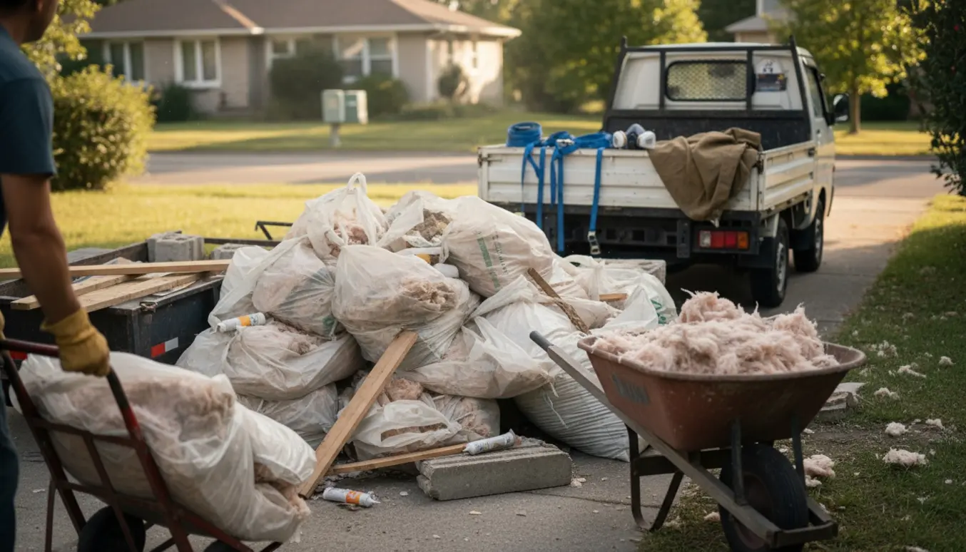 Gammel rockwool i slidte plastposer læsses på en trailer med handsker og værktøj i forgrunden.