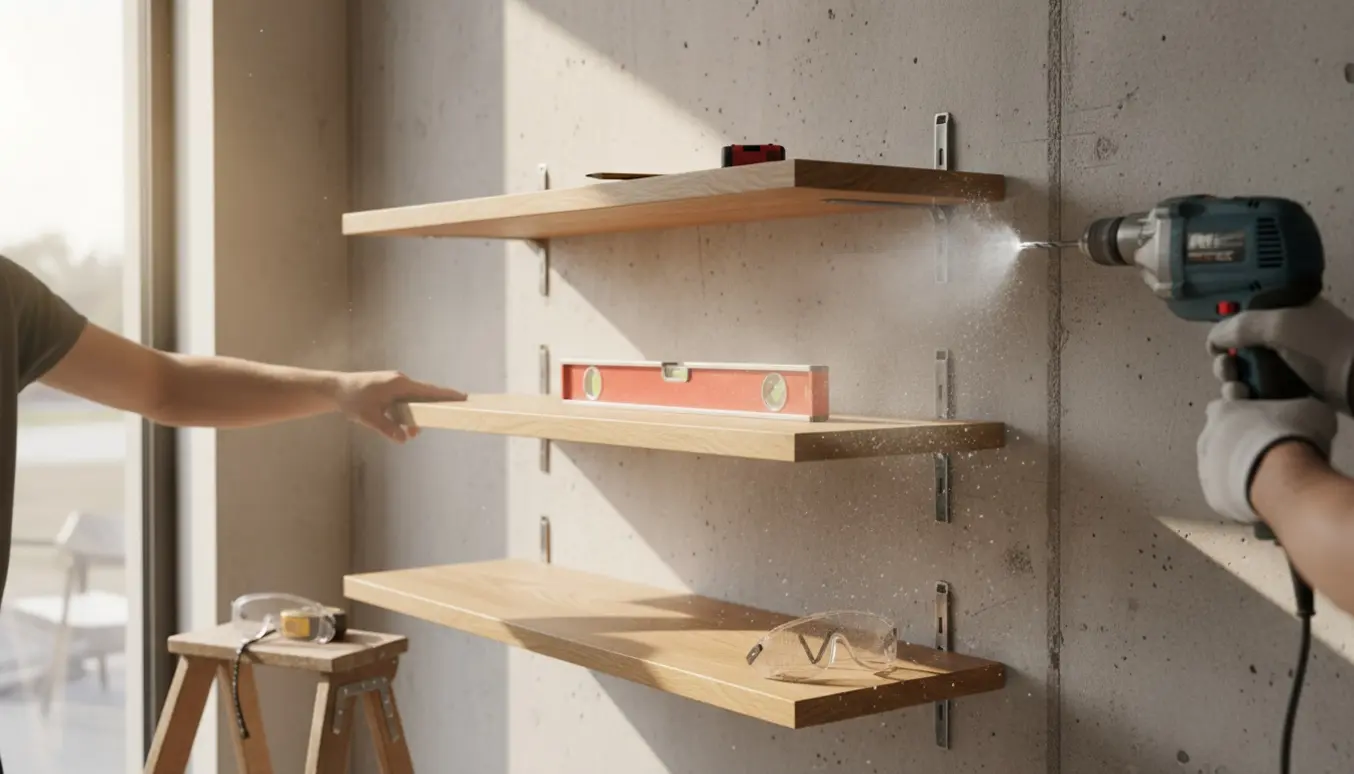Nærbillede af hænder, der monterer tre træhylder på en rå betonvæg med boremaskine og plugs.