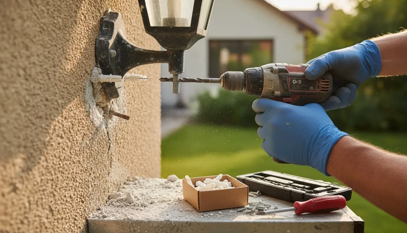 Hænder med handsker bruger en bore-/skruemaskine til at fastgøre en udendørs lampe og udskifte rawplugs.