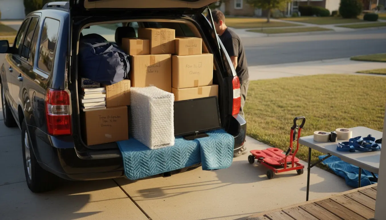 Åben bil i indkørsel med flyttekasser, tøj, bøger og en stationær computer pakket og klar til transport.