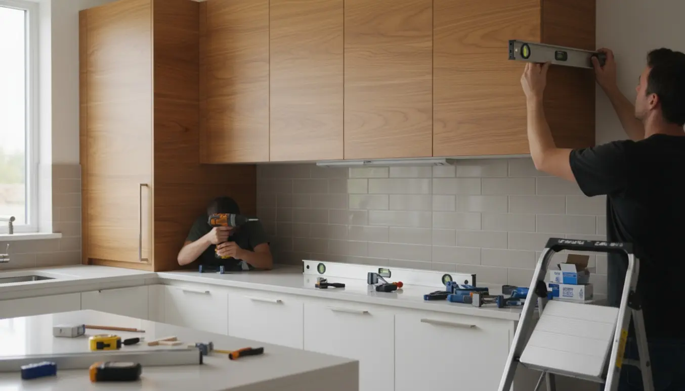 Fire overskabe monteres vinkelret over køkkenet og justeres til samme højde som et højskab.