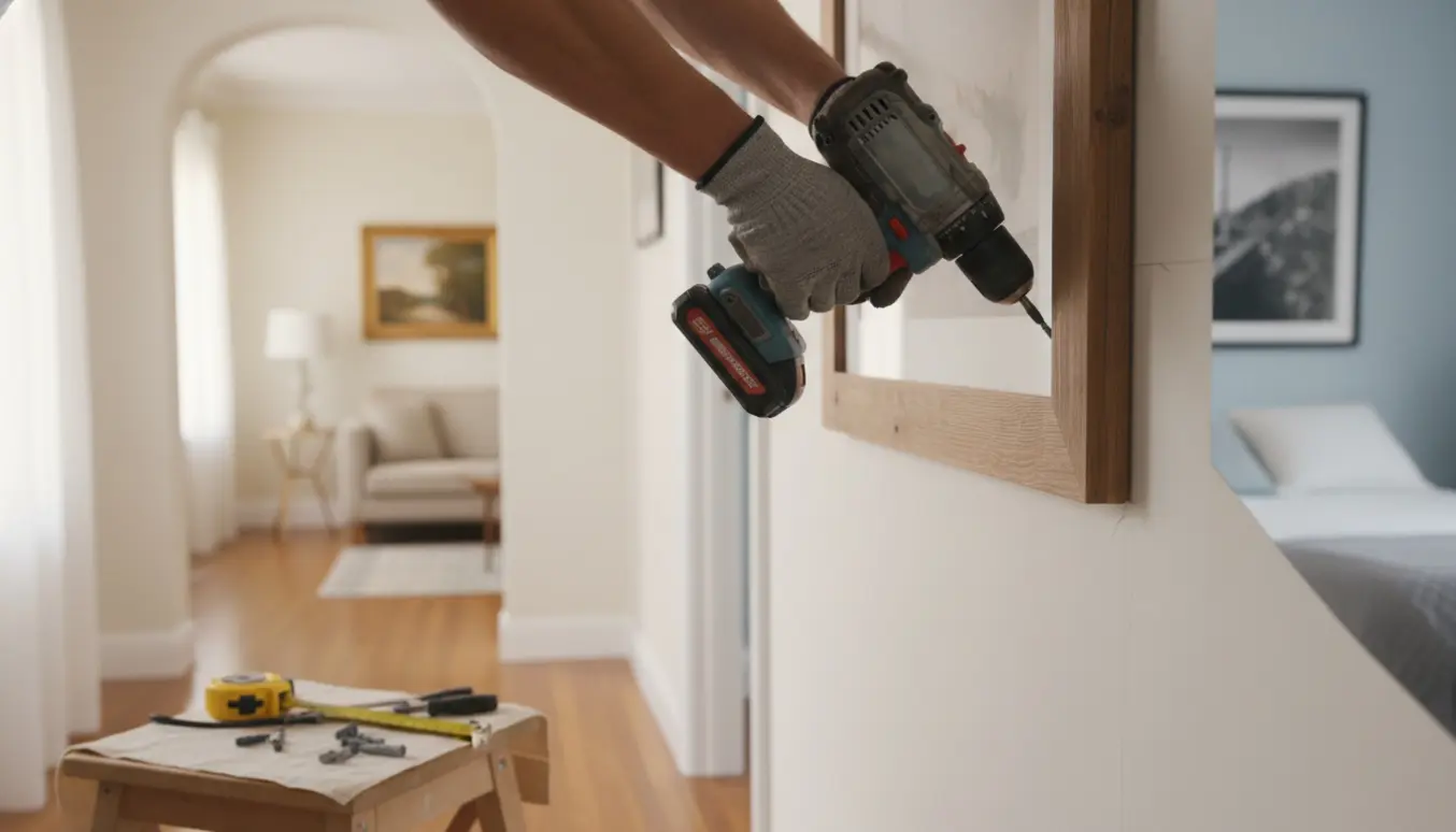 Hænder hænger et billedramme op med en boremaskine i en lys gang, mens to andre rum med billeder ses i baggrunden.