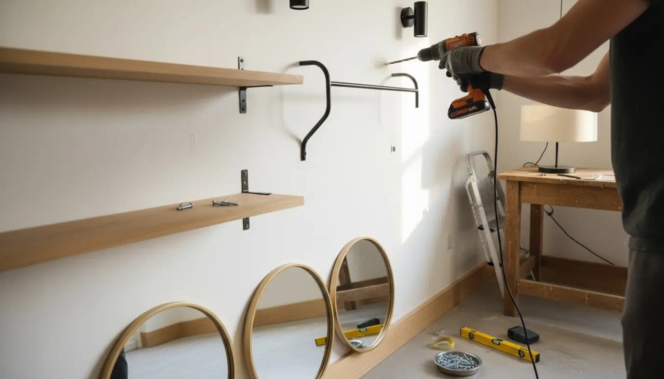 Nærbillede af vægophængning med boremaskine, hylder, spejle og lamper i et lyst rum.