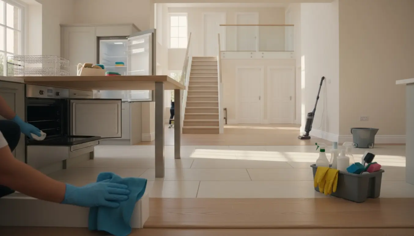 Tom 1,5-plans bolig hvor rengøringspersoner med handsker og udstyr gør ovn, køl/frys, skabe og gulvlister rene.