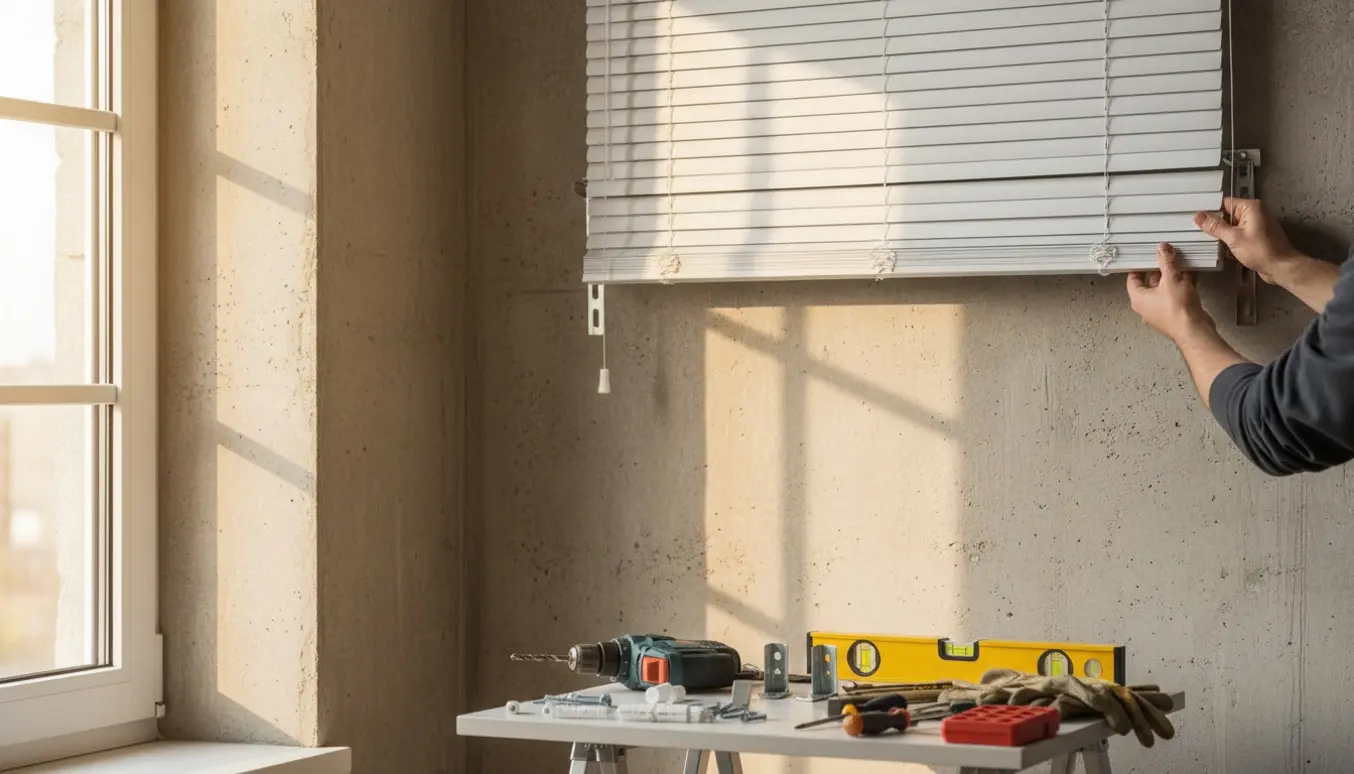 Installatør monterer en hvid persienne på en betonvæg med boremaskine og beslag i forgrunden.