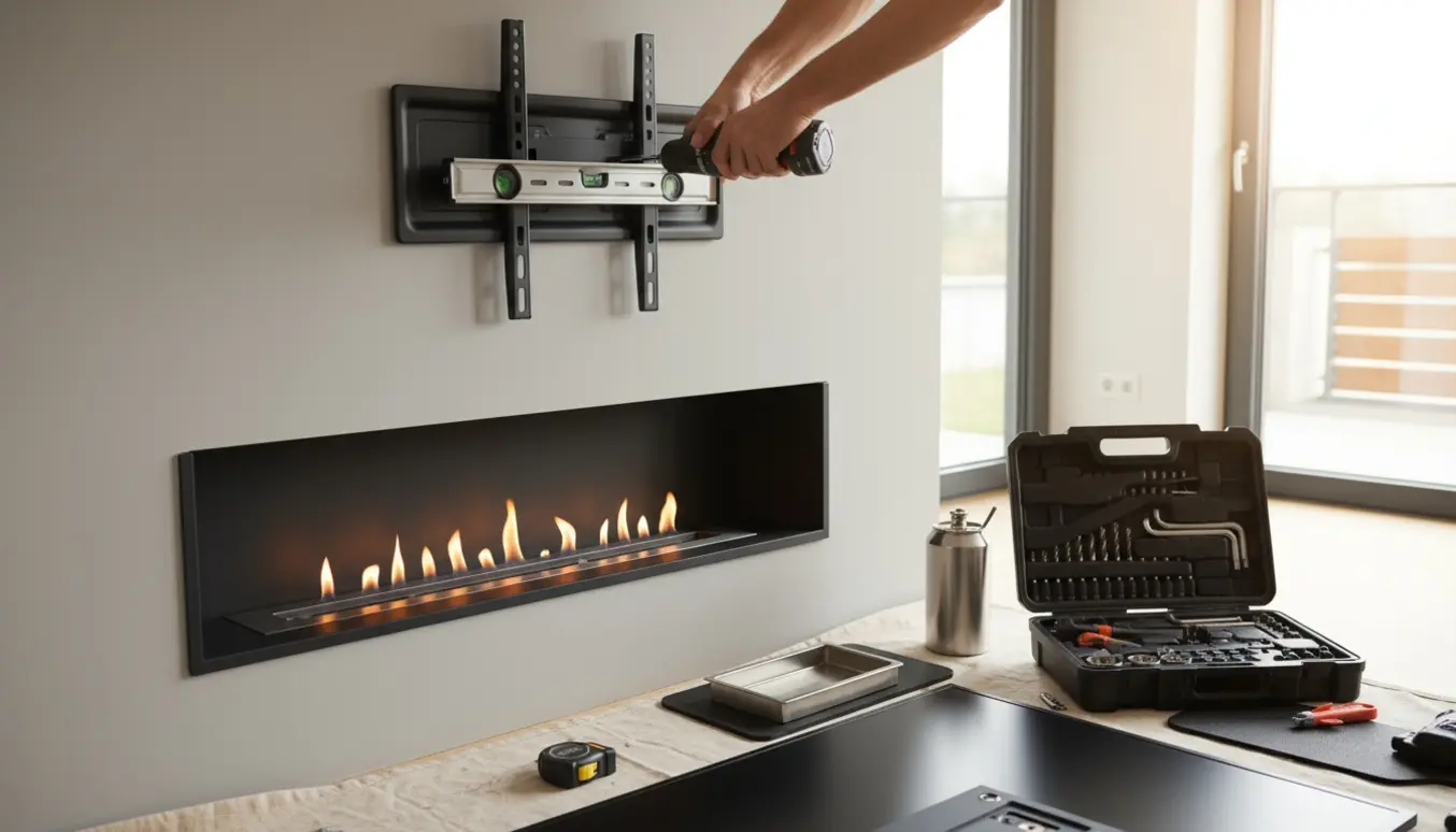 Nærbillede af hænder, der monterer et tv-vægbeslag over en tændt biopejs i en lys, moderne stue.