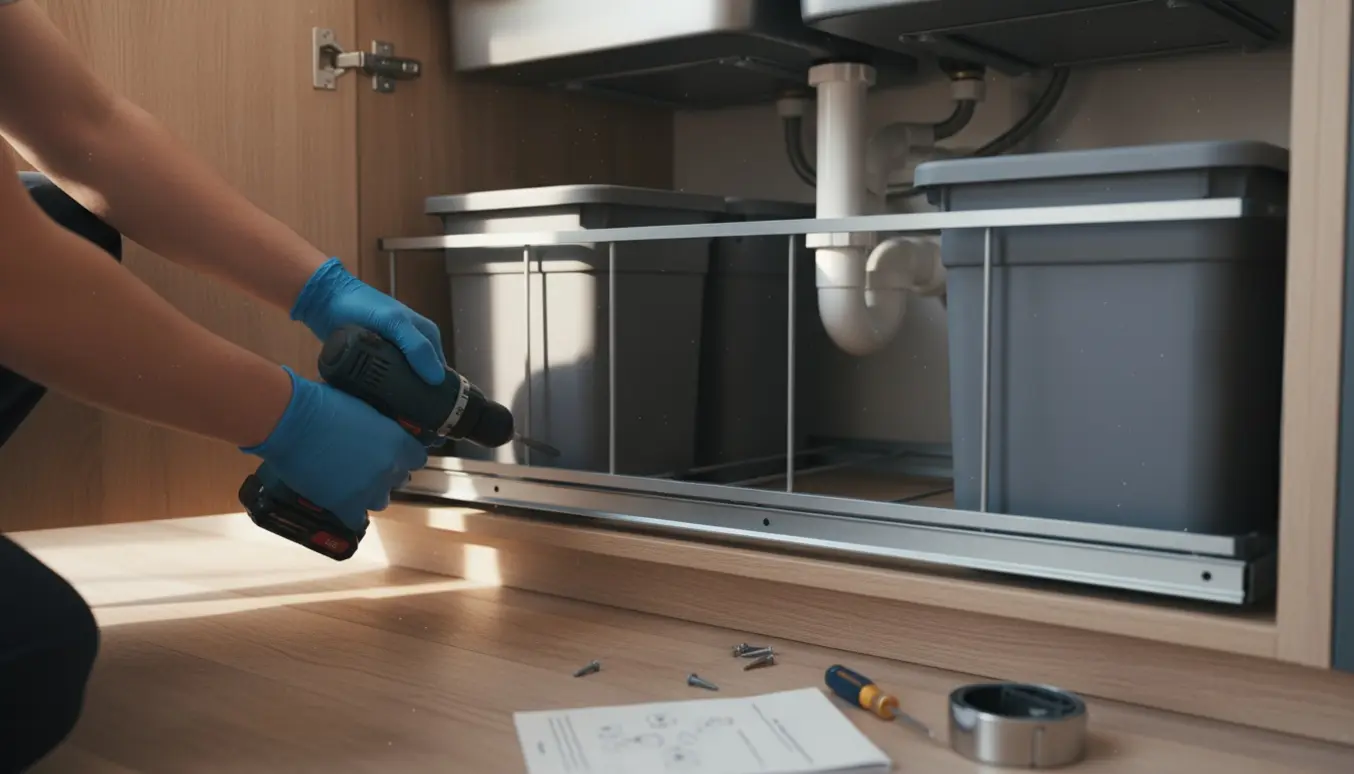 Installering af et pull-out affaldsstativ under køkkenvasken med arbejdshænder og værktøj.