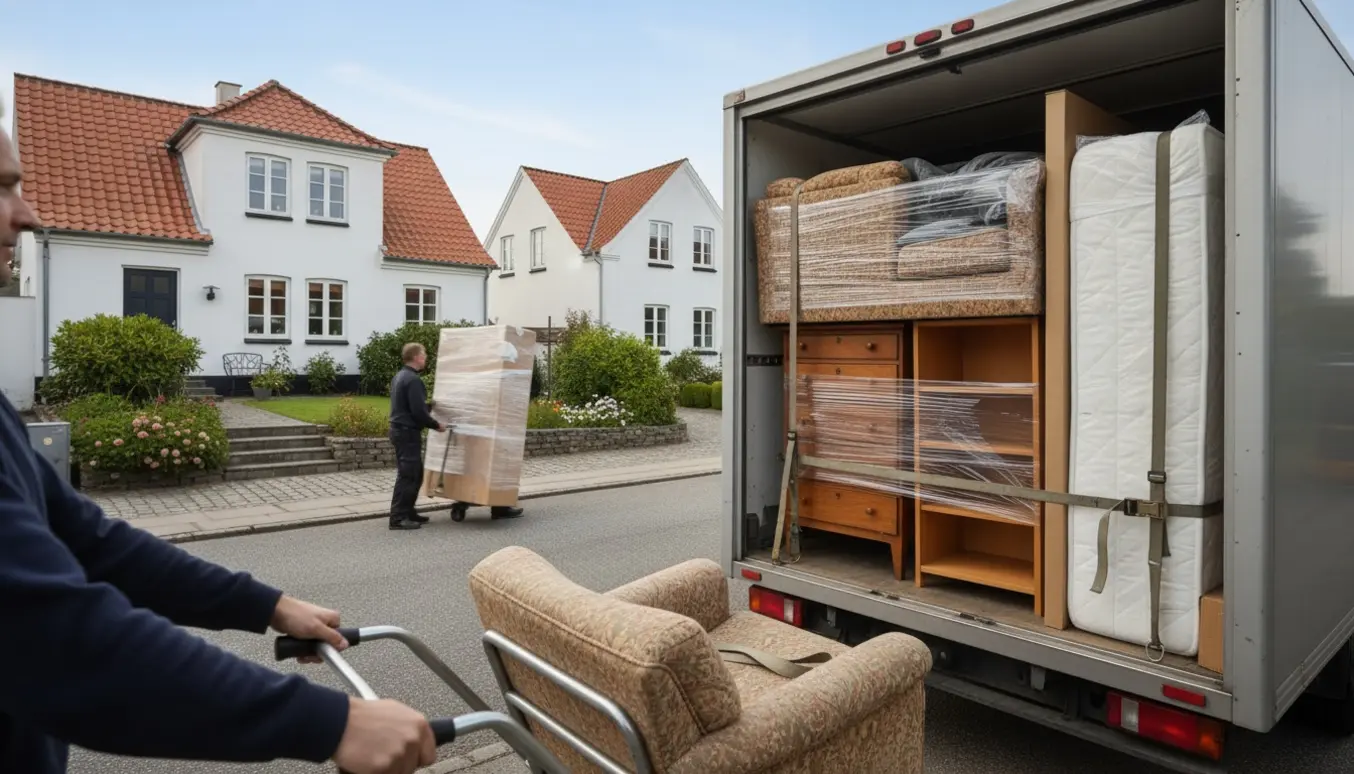 Flyttefolk læsser otte møbler ind i en flyttebil foran to-etagers huse i Snekkersten.