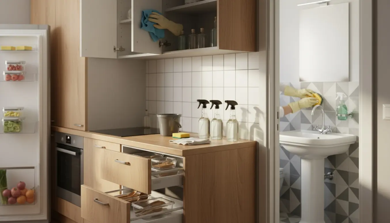 Soloplyst lille lejlighed hvor hænder i handsker rengør køkkenskabe og afkalker badeværelsesfliser.