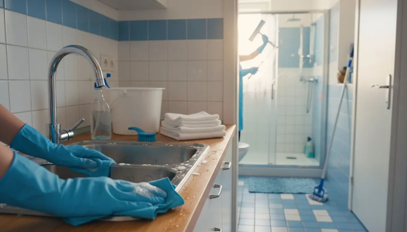 Gule handsker tørrer en køkkenvask med et rent badeværelse synligt gennem en åben dør.