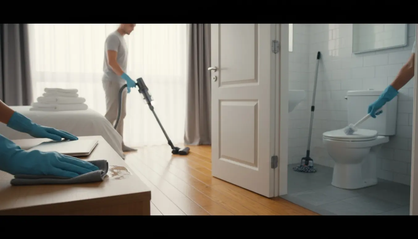 Hænder i gummihandsker gør rent i et kollegaværelse med tilstødende toilet i blødt dagslys.