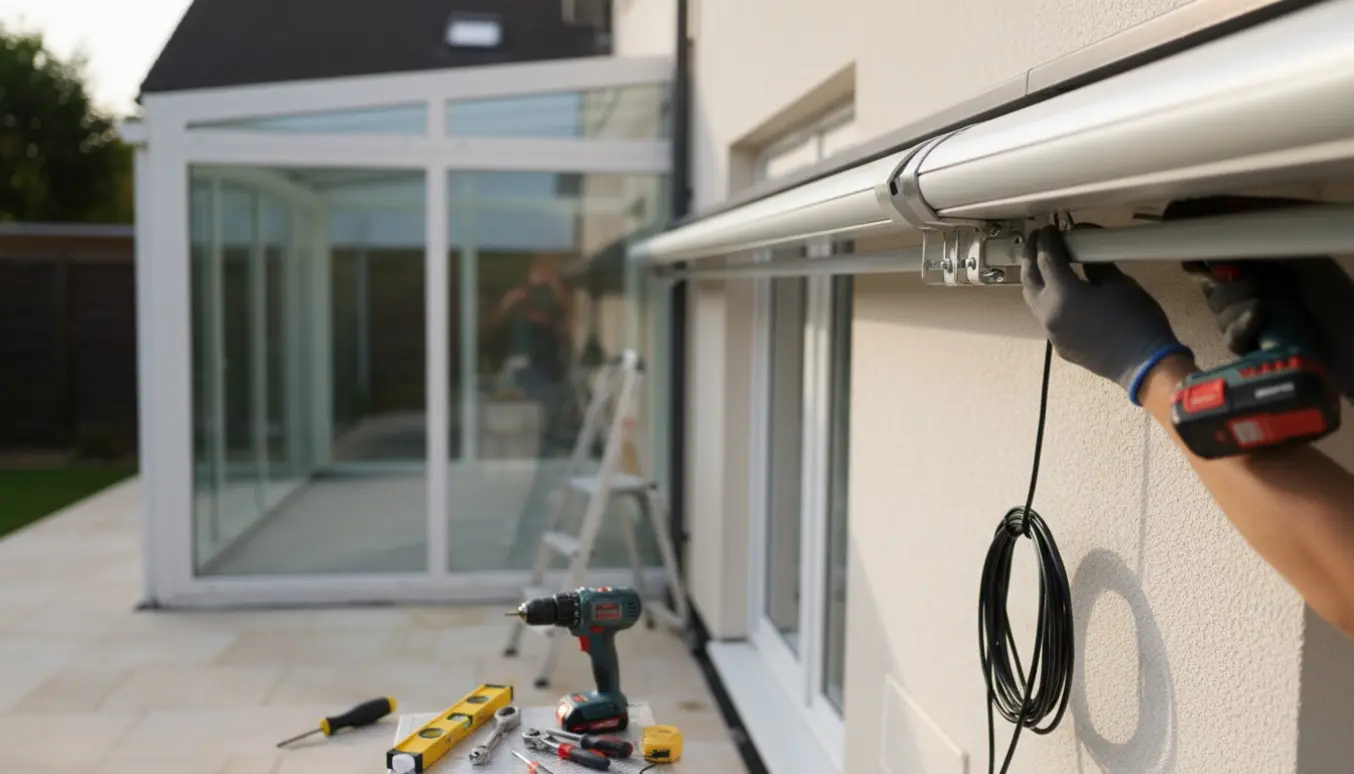 Nærbillede af handskerede hænder, der flytter en markise ved siden af en ny udestue med løsnet beslag og værktøj på en ren flisegang.