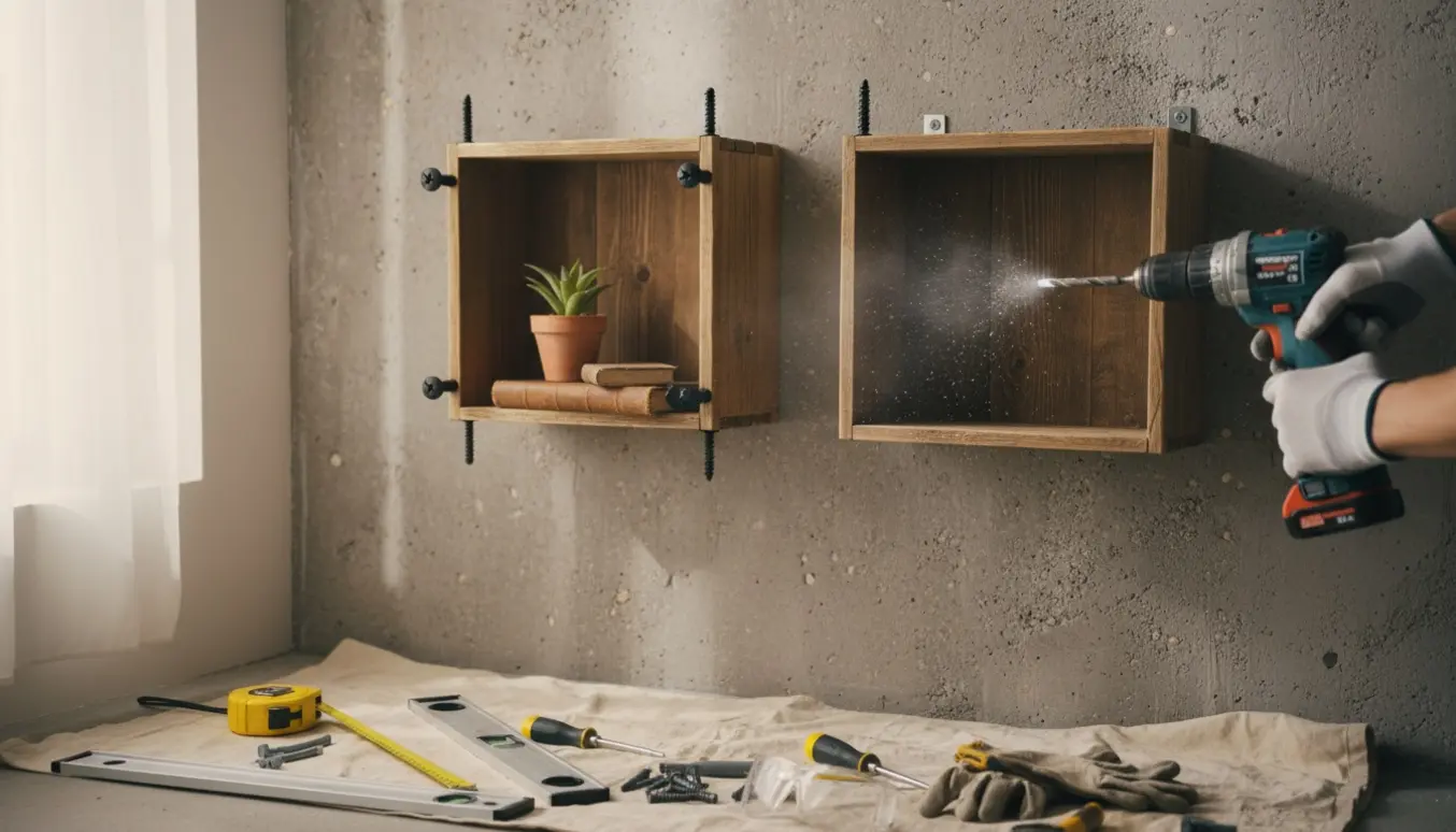 To trækasser hænges op som sengeborde på en betonvæg, én er monteret og den anden skrues fast.