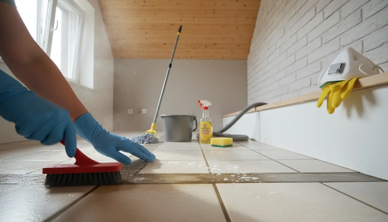 Hænder skrubber klinkefuger i et 68 m² udlejningshus med ludbehandlet listeloft og vandskurede mursten.