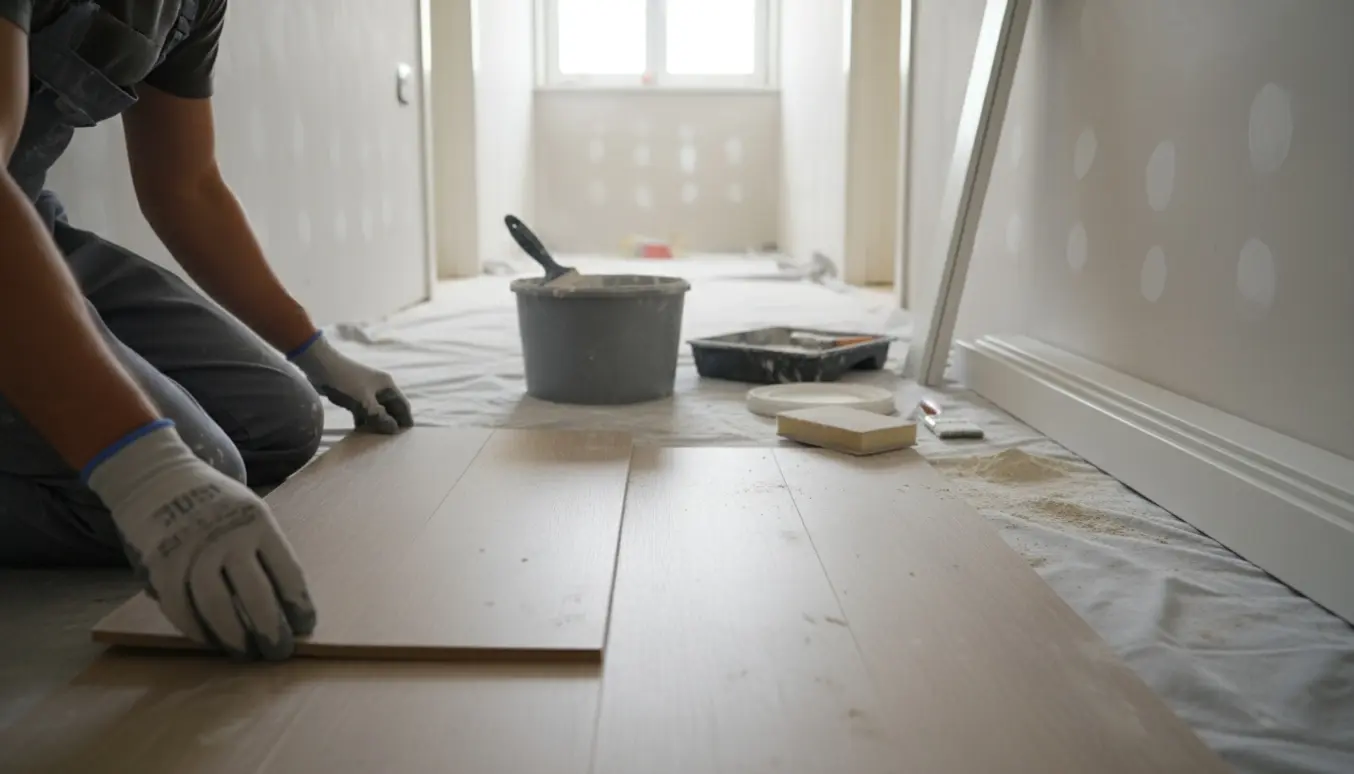 Håndværker lægger vinylgulv i en smal entre med spartelværktøj og nye fodlister ved siden af.