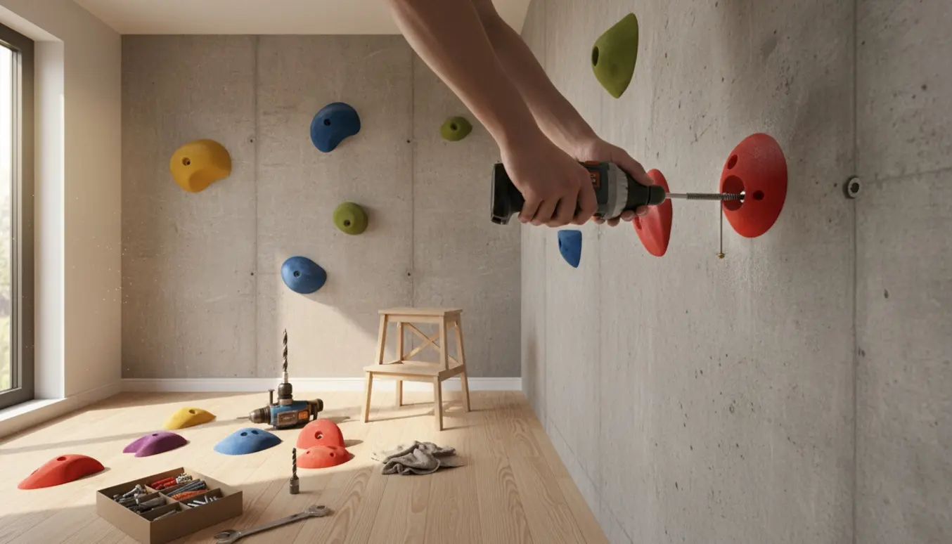 Hænder monterer klatregreb i en betonvæg med bor, rawlplugs og værktøj ved siden af.