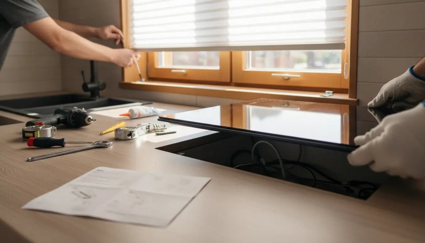 Nærbillede af montering af keramisk komfurplade i bordplade og opsætning af up-down-gardin i køkkenvinduet.