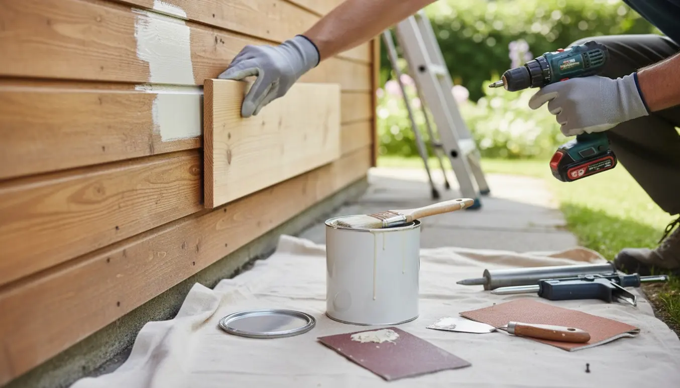 Hænder, der fæstner løse udvendige træbrædder og maler husfacaden.