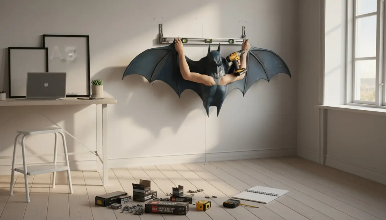 Stor Batman Batwing monteres på en pale kontorvæg med to A3-rammer og værktøj klar.