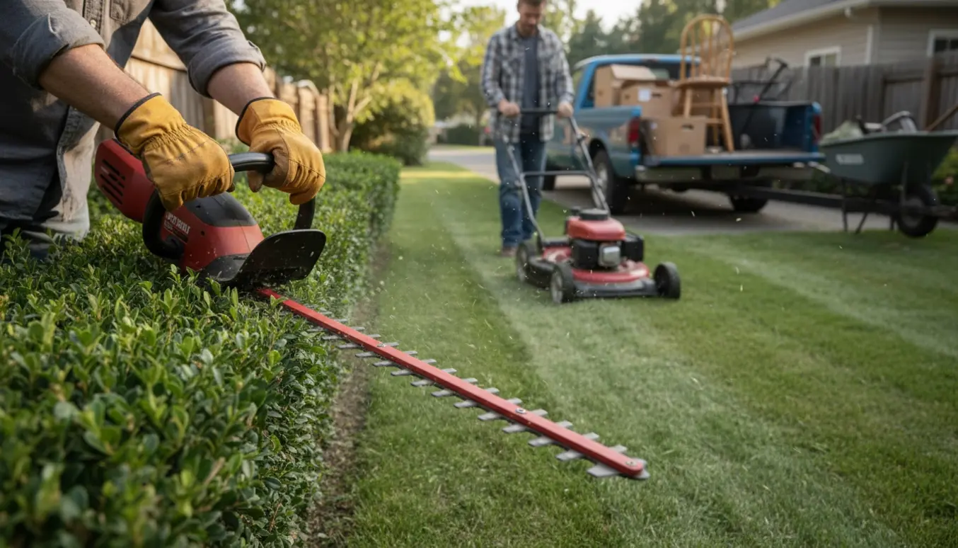 En handymand trimmer hæk, slår græs og læsser ting i en trailer i en solrig forhave.
